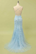 Bridesmaid Dress Online, Light Yellow Light Blue Mermaid Scoop Neckline Applique Lace-Up Back Long Prom Gown