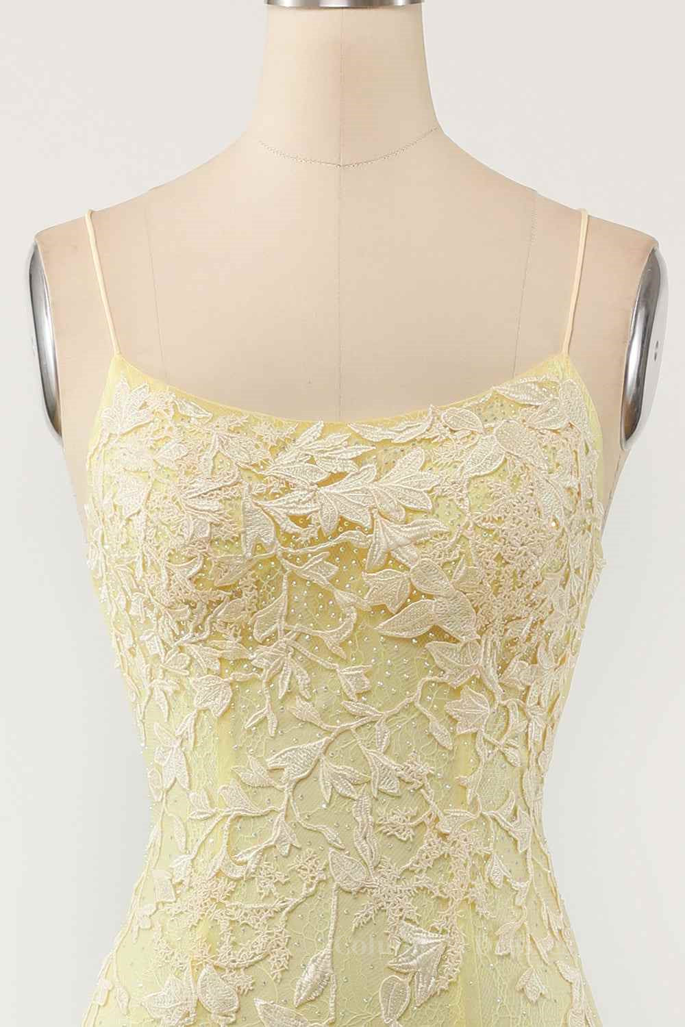 Bridesmaid Dresses Color Schemes, Light Yellow Light Blue Mermaid Scoop Neckline Applique Lace-Up Back Long Prom Gown