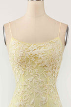 Bridesmaid Dresses Color Schemes, Light Yellow Light Blue Mermaid Scoop Neckline Applique Lace-Up Back Long Prom Gown