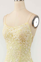 Bridesmaids Dresses Color Schemes, Light Yellow Light Blue Mermaid Scoop Neckline Applique Lace-Up Back Long Prom Gown