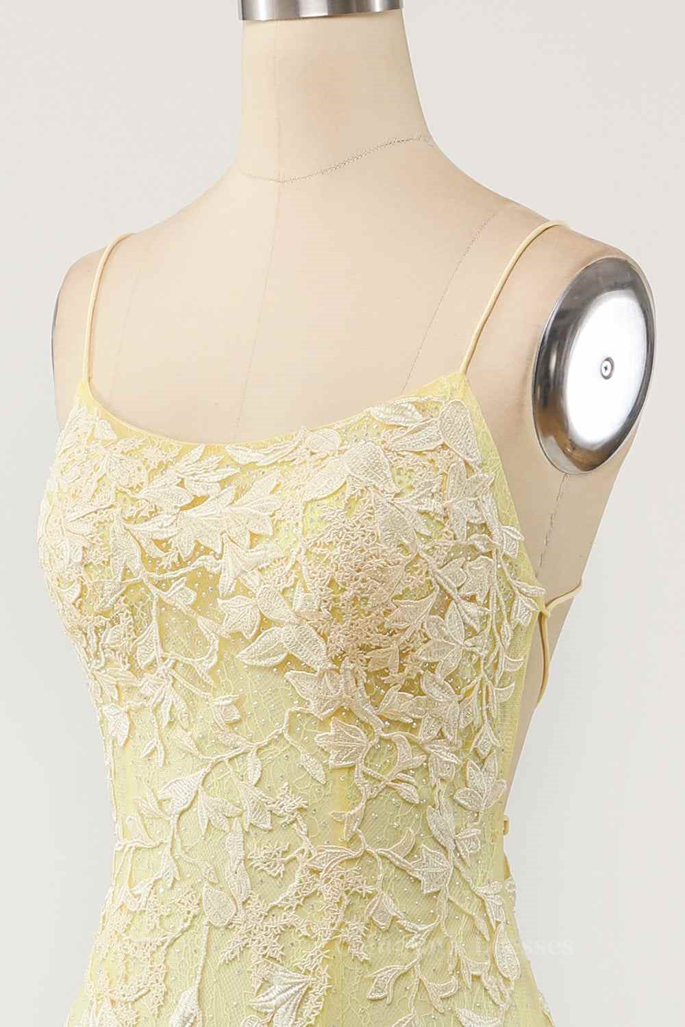 Bridesmaids Dresses Color Schemes, Light Yellow Light Blue Mermaid Scoop Neckline Applique Lace-Up Back Long Prom Gown