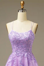 Bridesmaid Dresses Sleeveless, Lilac A-line Lace-Up Back Applique Tulle Mini Homecoming Dress