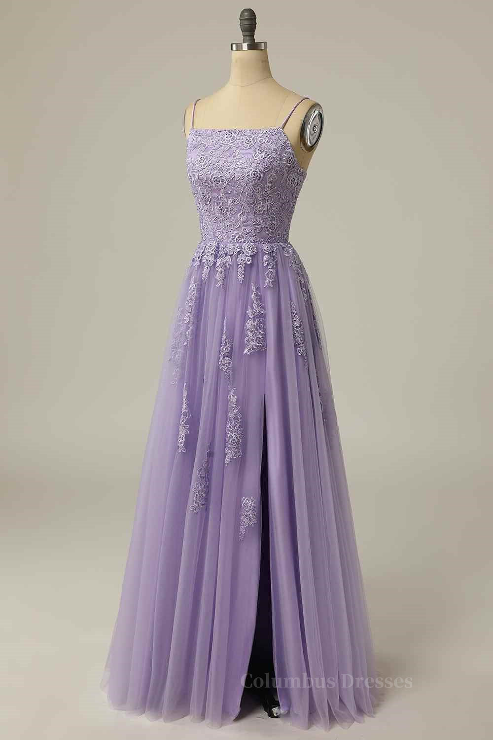 Lilac A-line Lace-Up Back Tulle Embroidery Slit Long Prom Dress Secondary image