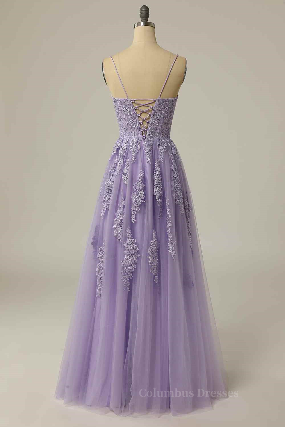 Bridesmaids Dresses Colorful, Lilac A-line Lace-Up Back Tulle Embroidery Slit Long Prom Dress Main image