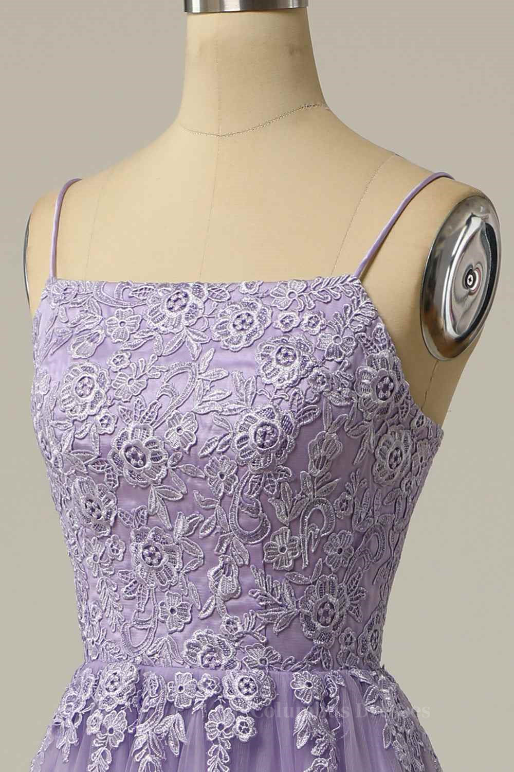 Bridesmaids Dress Color, Lilac A-line Lace-Up Back Tulle Embroidery Slit Long Prom Dress
