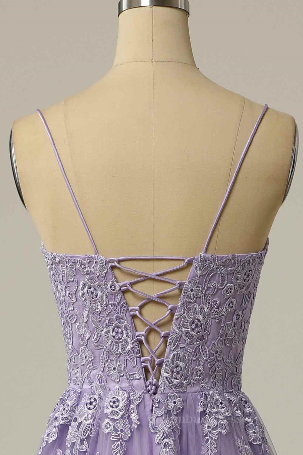 Bridesmaid Dresses Color, Lilac A-line Lace-Up Back Tulle Embroidery Slit Long Prom Dress