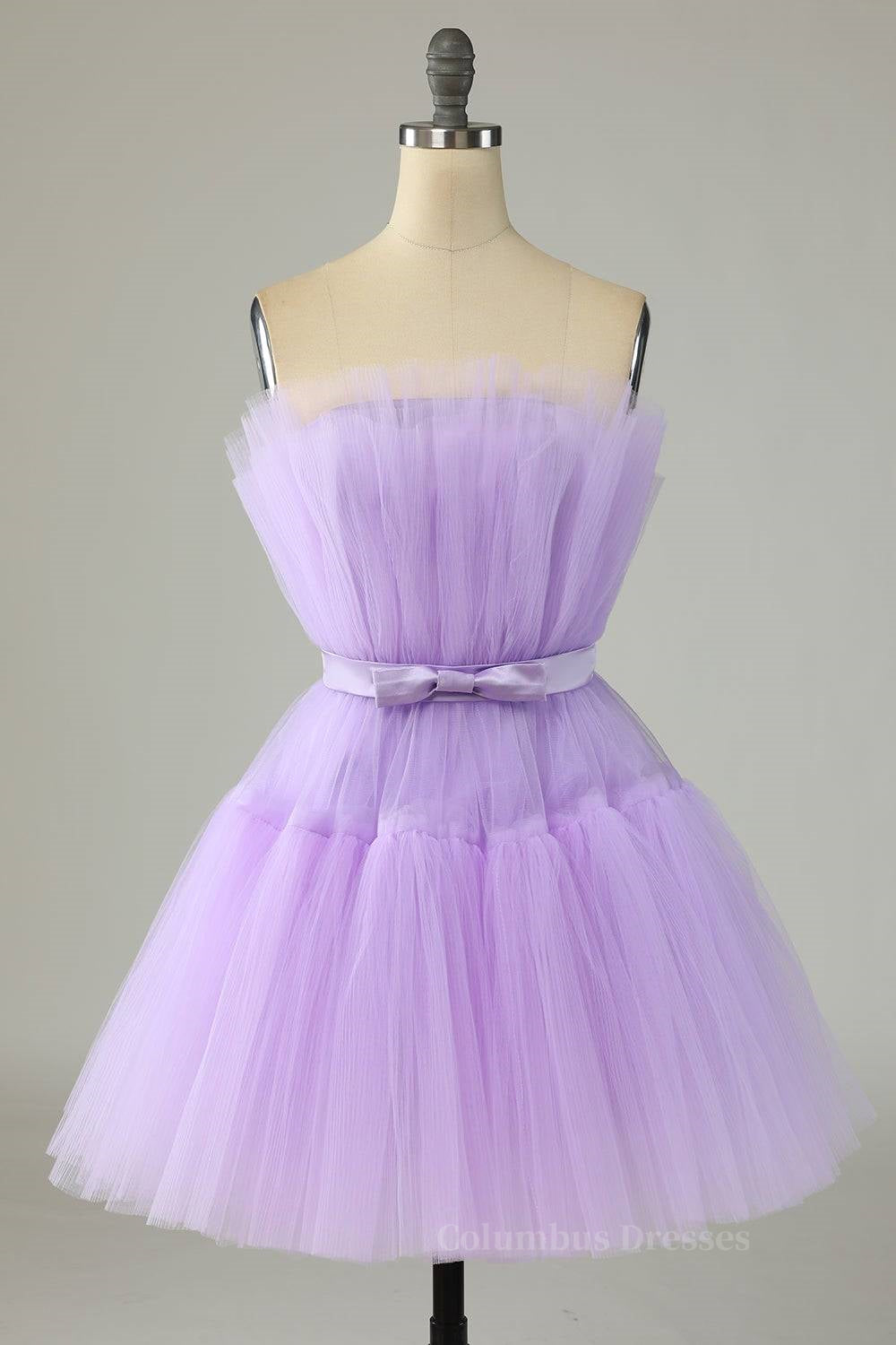 Bridesmaid Dresses Strapless, Lilac A-line Strapless Voluminous Tulle Mini Homecoming Dress with Sash