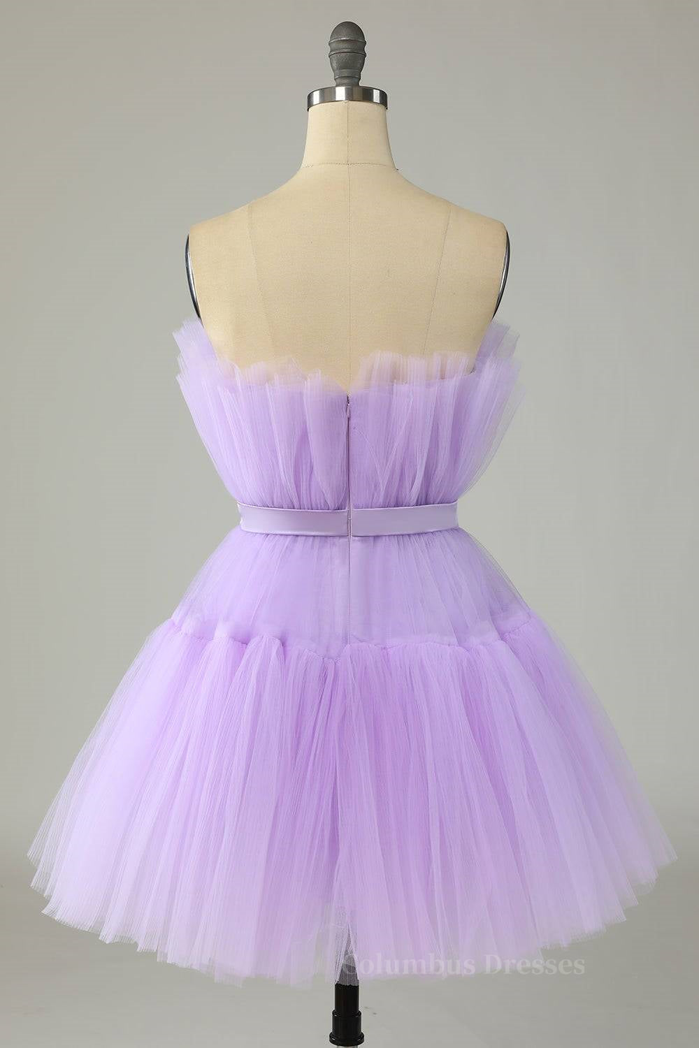 Engagement Photo, Lilac A-line Strapless Voluminous Tulle Mini Homecoming Dress with Sash Main image