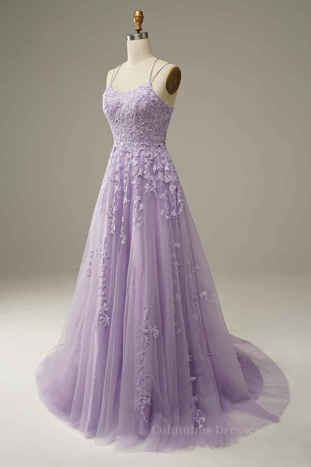 Lilac A-line Tulle Lace-up Back 3D Applique Long Prom Dress Secondary image