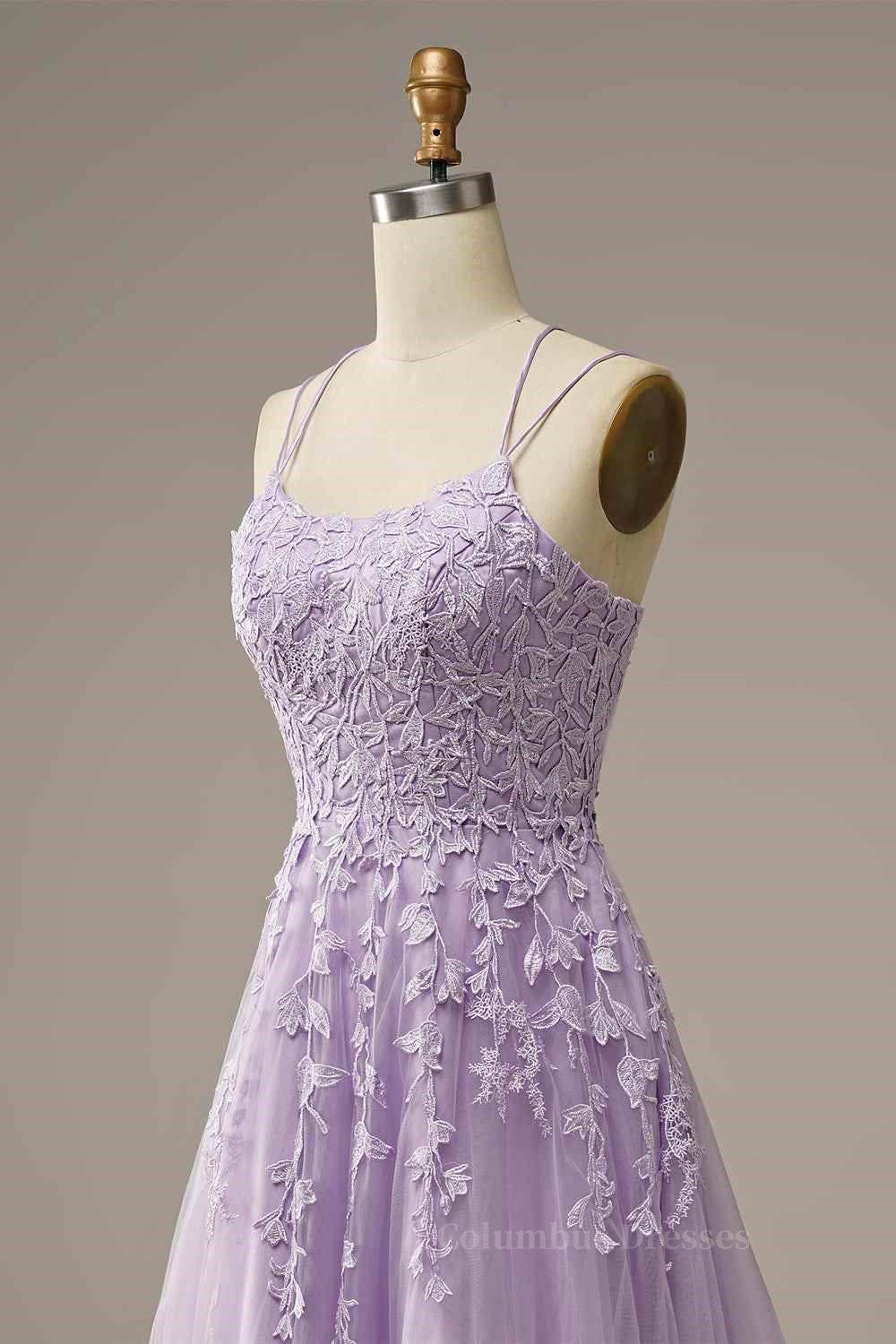 Light Blue Prom Dress, Lilac A-line Tulle Lace-up Back 3D Applique Long Prom Dress