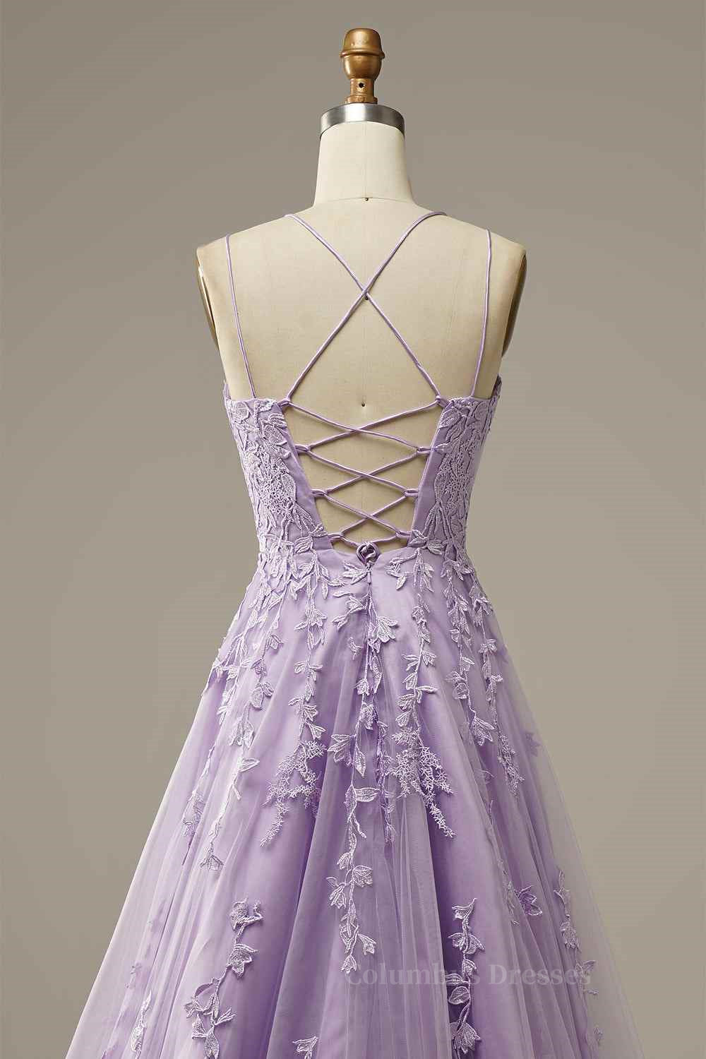 Silk Dress, Lilac A-line Tulle Lace-up Back 3D Applique Long Prom Dress