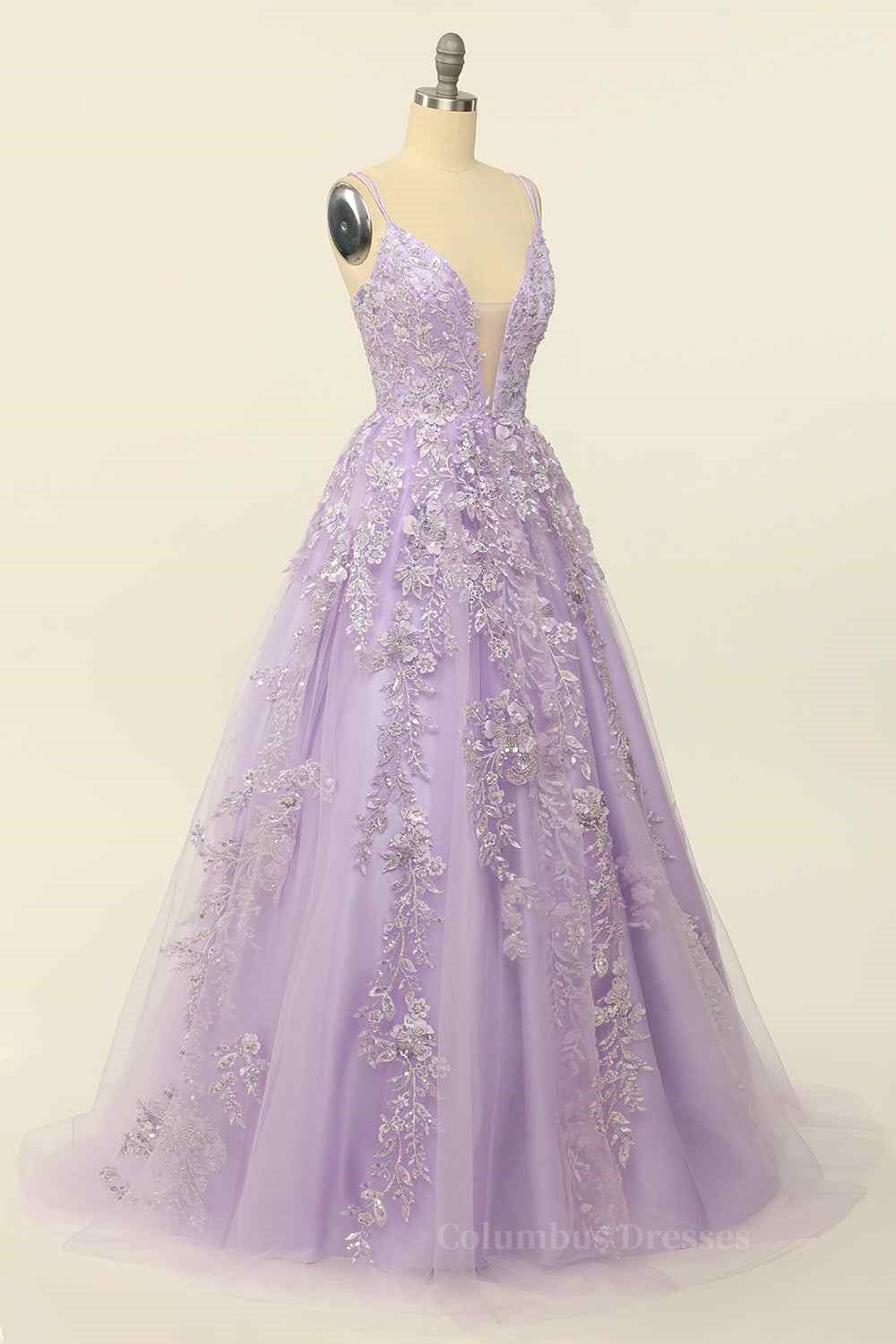 Lilac A-line V Neck Tulle Applique Lace-Up Back Long Prom Dress Secondary image