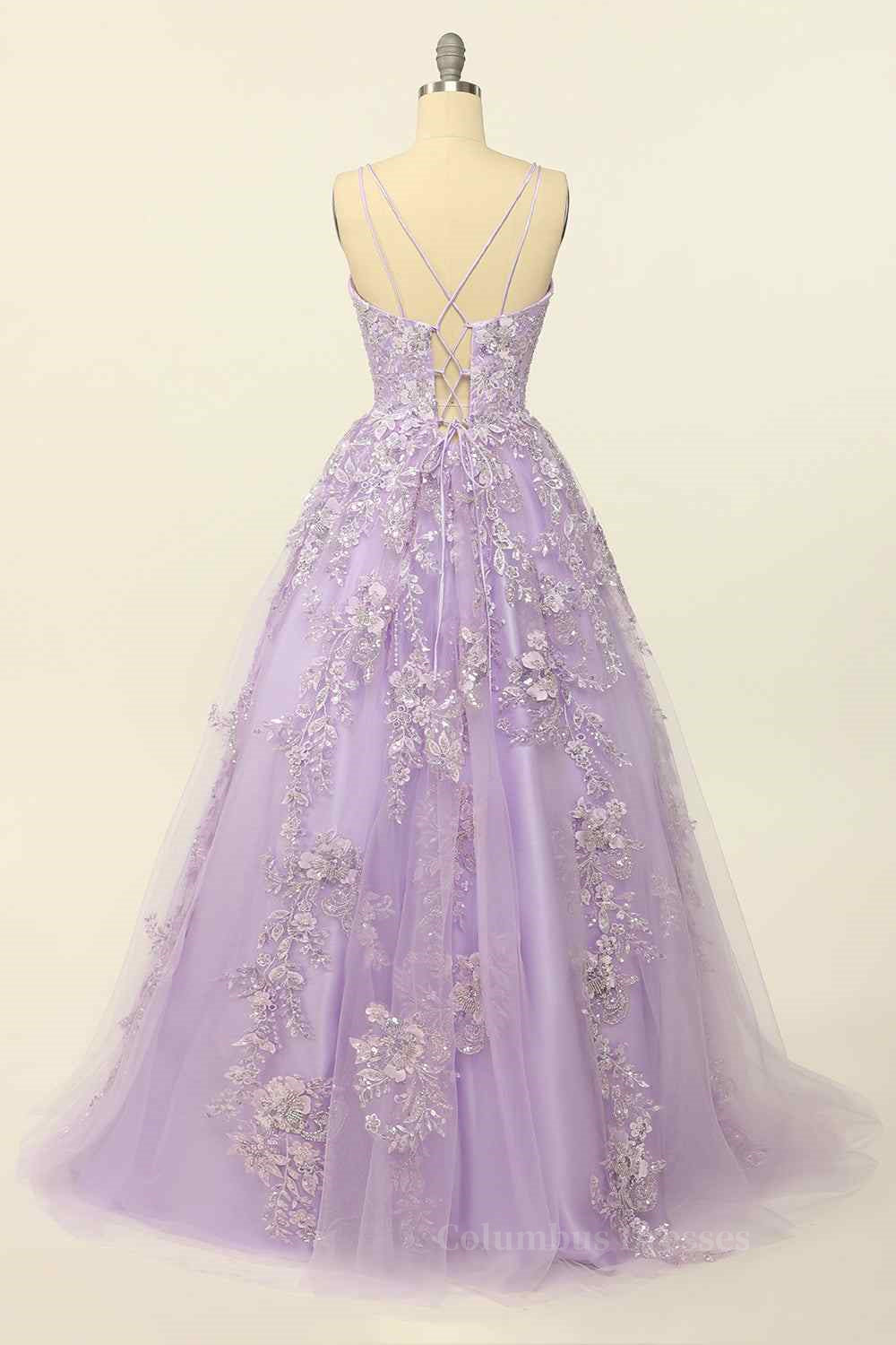 Bridesmaid Dress Spring, Lilac A-line V Neck Tulle Applique Lace-Up Back Long Prom Dress Main image