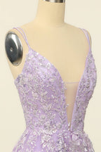Bridesmaid Dresses Fall Wedding, Lilac A-line V Neck Tulle Applique Lace-Up Back Long Prom Dress