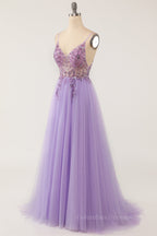 Bridesmaid Dress Elegant, Lilac A-line V Neckline Beading Sheer Tulle Long Prom Dress