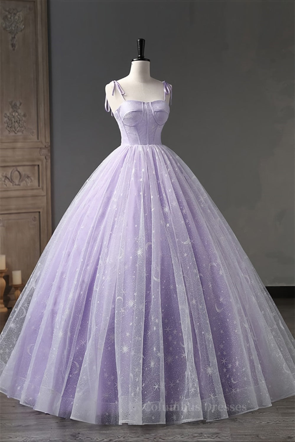 Lilac Bow Tie Shoulder Prints Long Prom Dress Secondary image