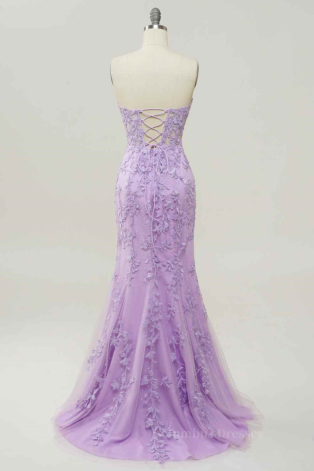 Bridesmaid Dress By Color, Lilac Mermaid Strapless Lace-Up Tulle Applique Long Prom Dress Main image