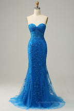 Bridesmaid Dress Under 130, Lilac Mermaid Strapless Lace-Up Tulle Applique Long Prom Dress
