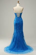 Bridesmaids Dress Under 130, Lilac Mermaid Strapless Lace-Up Tulle Applique Long Prom Dress