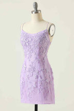Fancy Outfit, Lilac Sheath Scoop Neck Lace-up Back Applique Mini Homecoming Dress