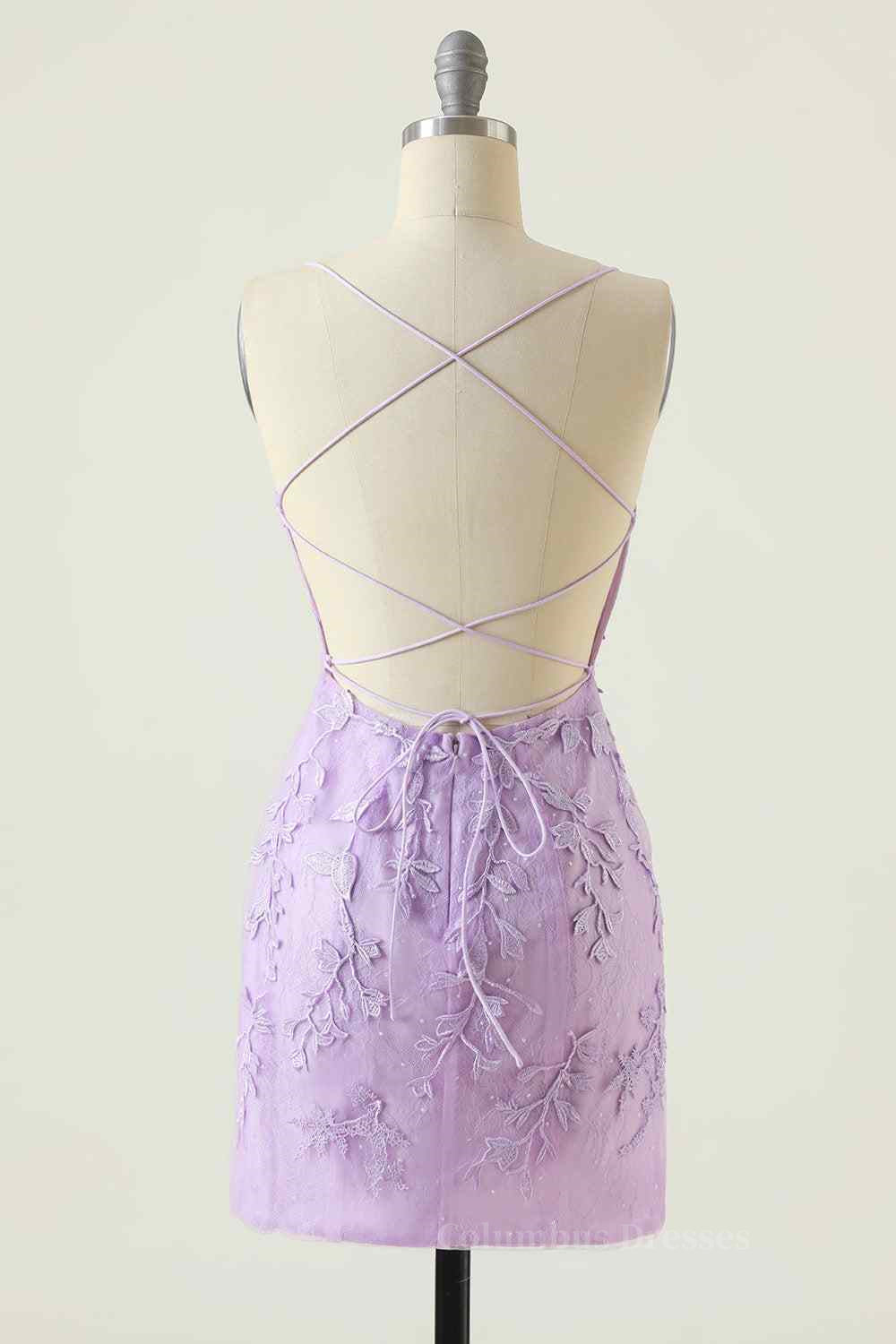 Party Dress Midi With Sleeves, Lilac Sheath Scoop Neck Lace-up Back Applique Mini Homecoming Dress Main image