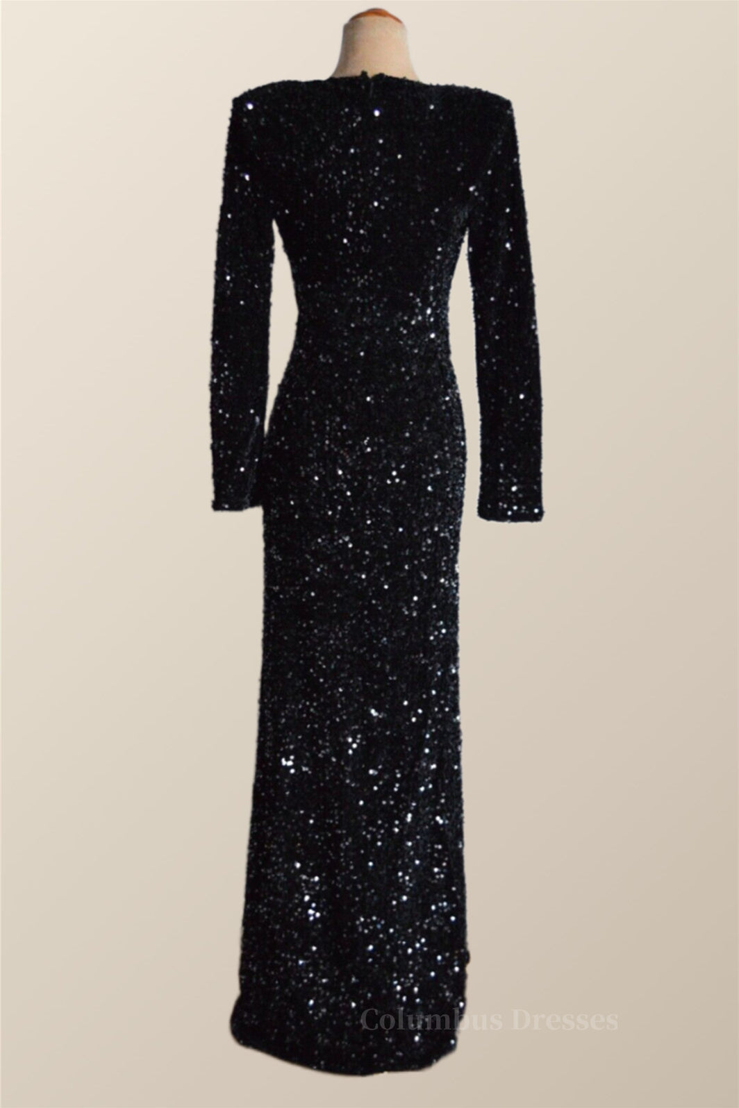 Party Dress Sleeve, Long Sleeves Black Sequin Fitted Long Party Dress Main image