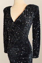 Party Dress Mid Length, Long Sleeves Black Sequin Fitted Long Party Dress