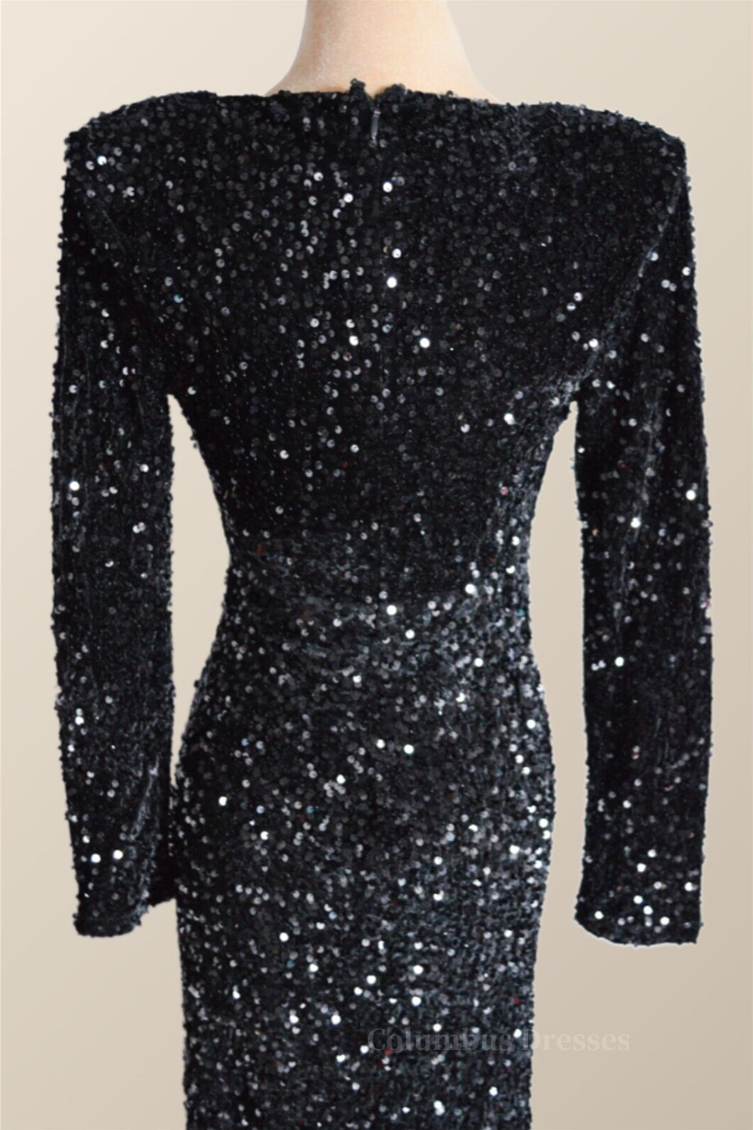 Party Dresses For Ladies 2059, Long Sleeves Black Sequin Fitted Long Party Dress