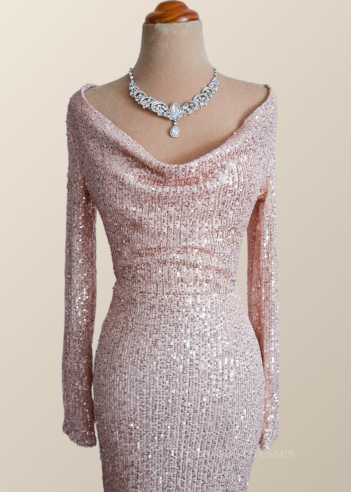 Long Sleeves Champagne Sequin Cowl Neck Dress Secondary image