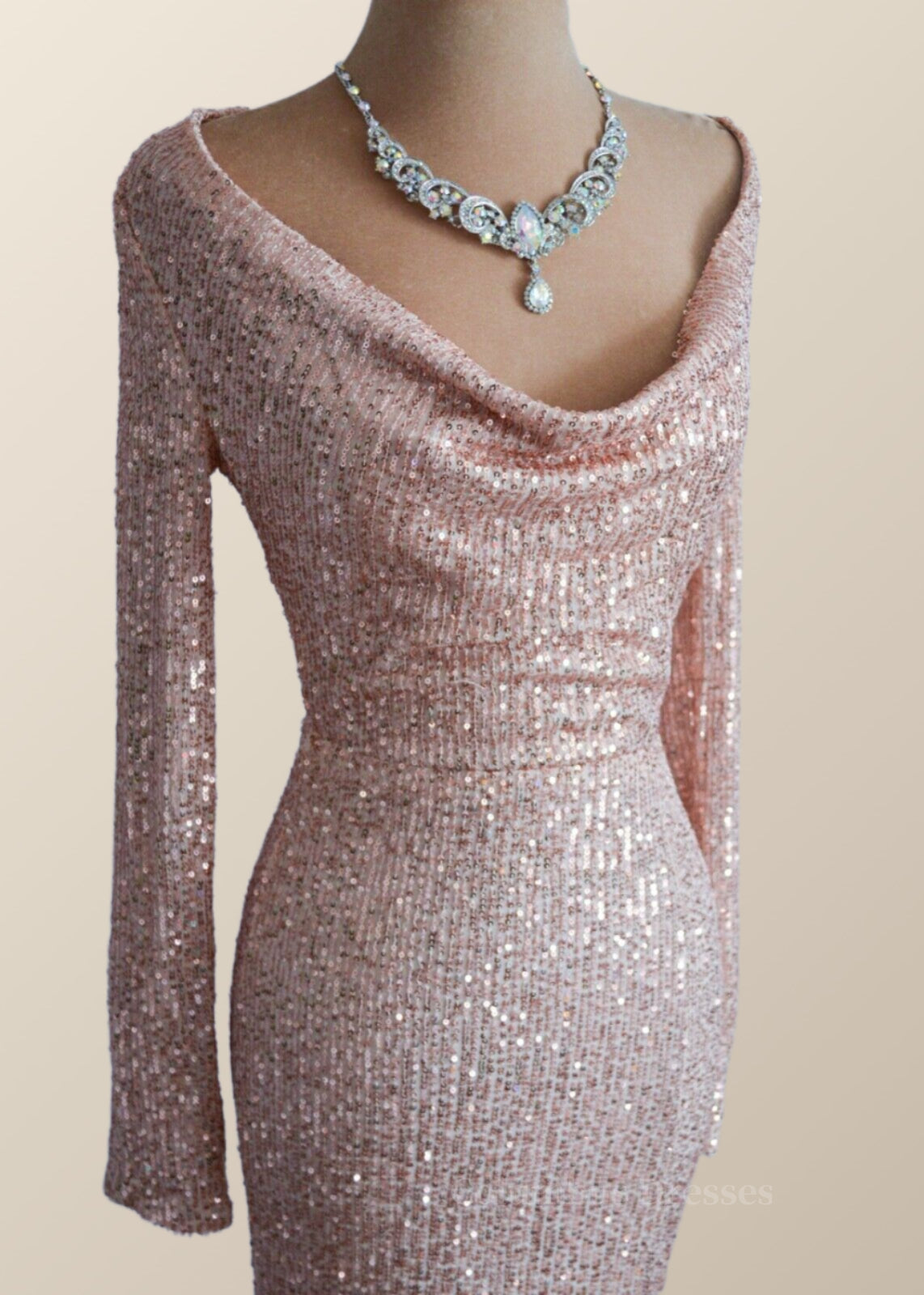 Party Dress Prom, Long Sleeves Champagne Sequin Cowl Neck Dress Main image