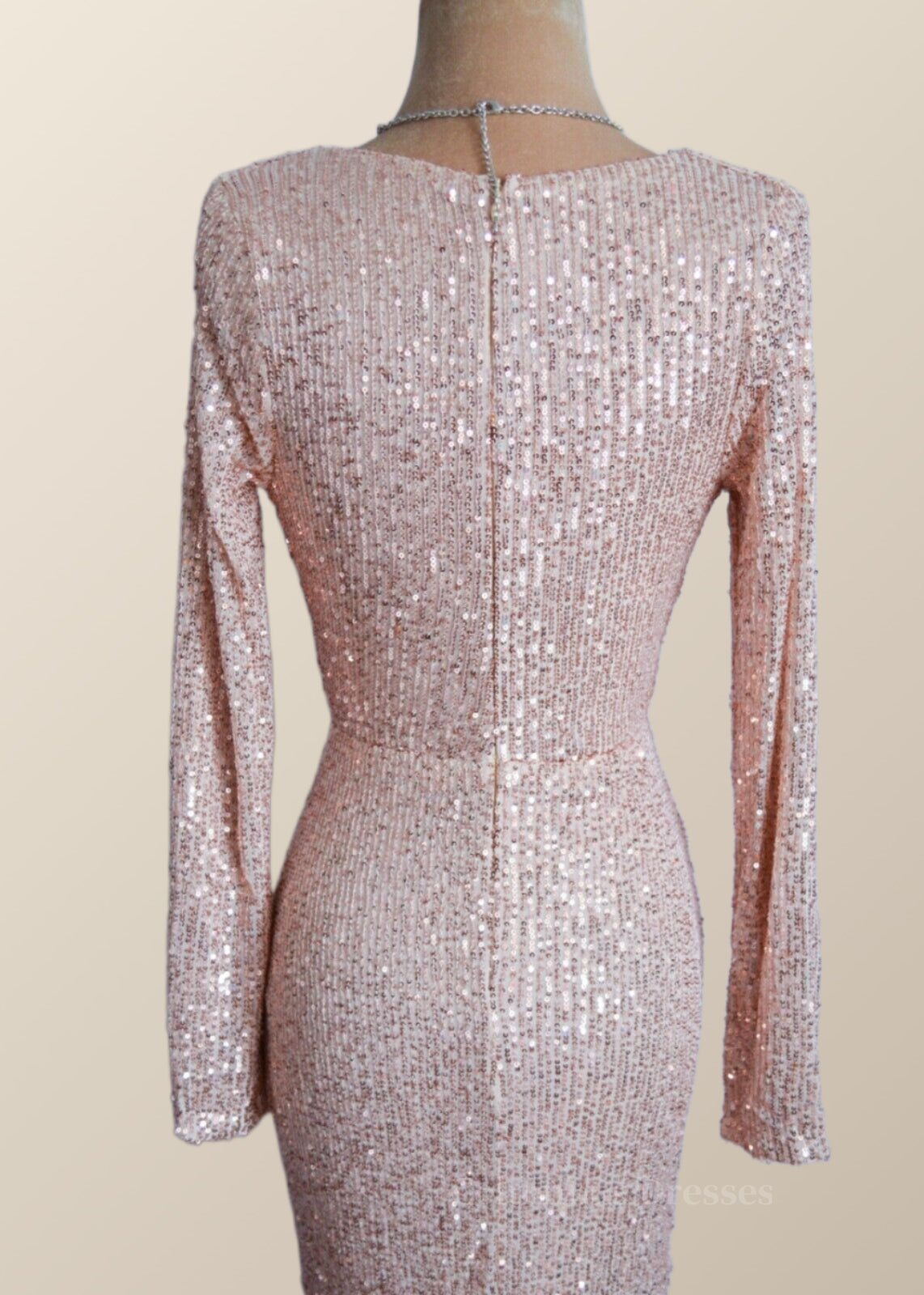 Party Dresses Idea, Long Sleeves Champagne Sequin Cowl Neck Dress