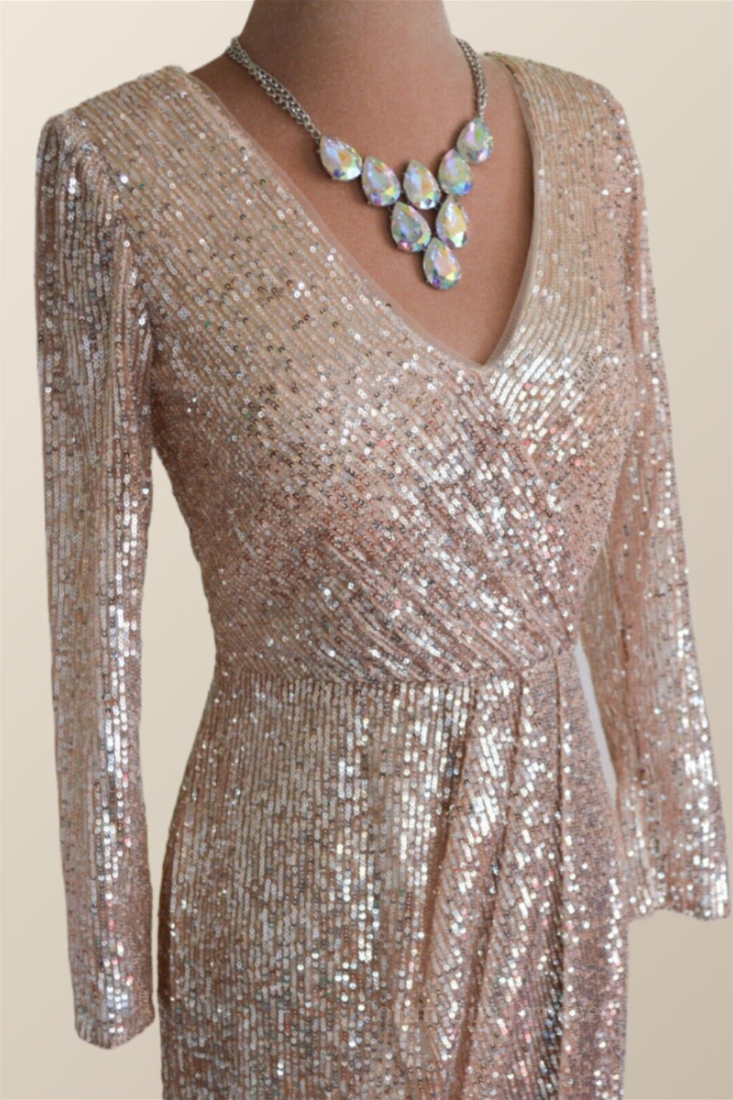 Party Dresses With Sleeves, Long Sleeves Champagne Sequin Wrap Midi Dress