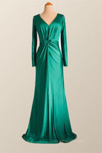 Party Dresses For 55 Year Olds, Long Sleeves Green Knotted Front Gown