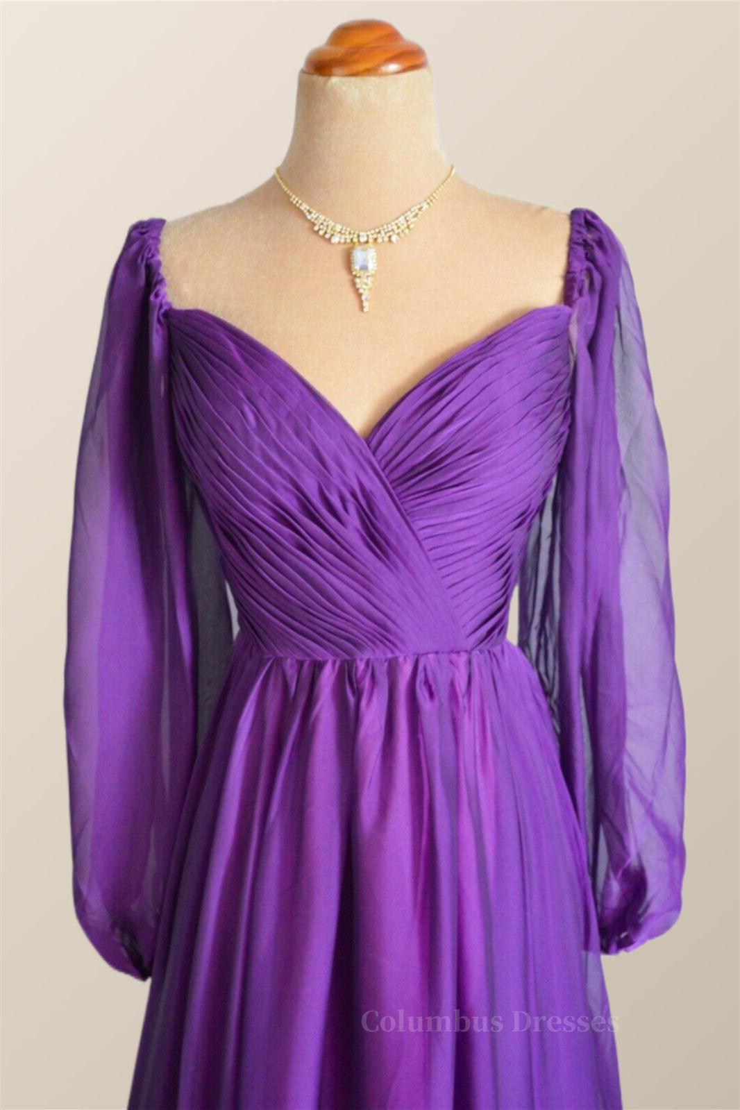 Classy Gown, Long Sleeves Purple A-line Long Formal Dress