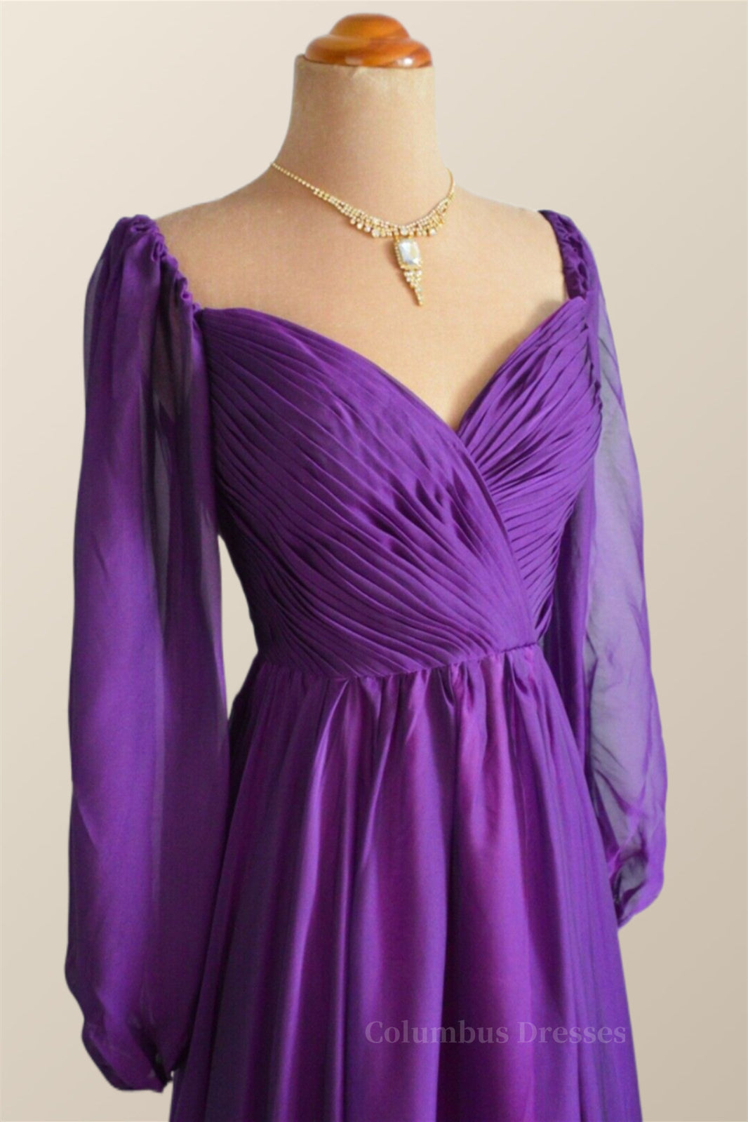 Dress Casual, Long Sleeves Purple A-line Long Formal Dress