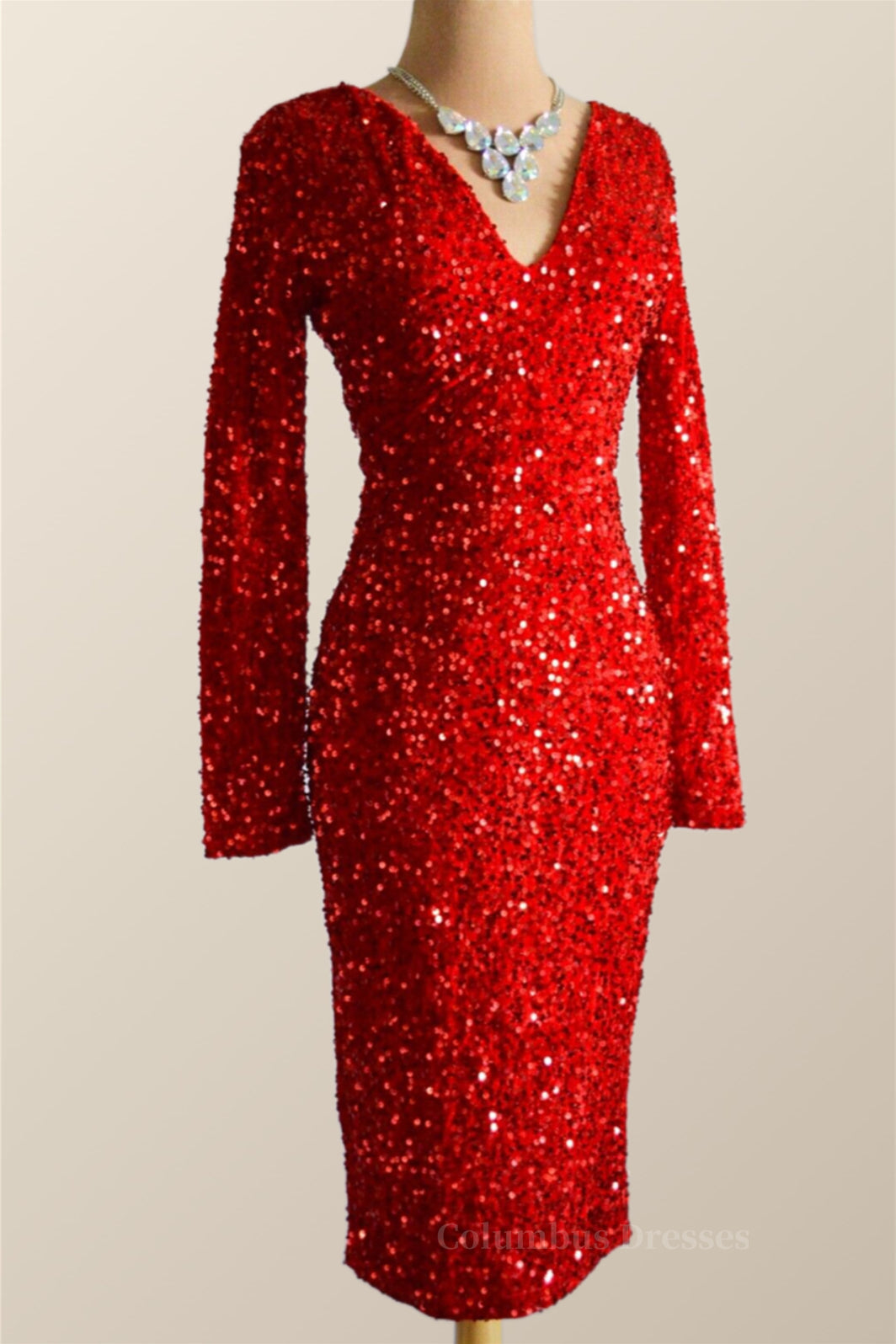 Long Sleeves Red Sequin Tight Dress Secondary image