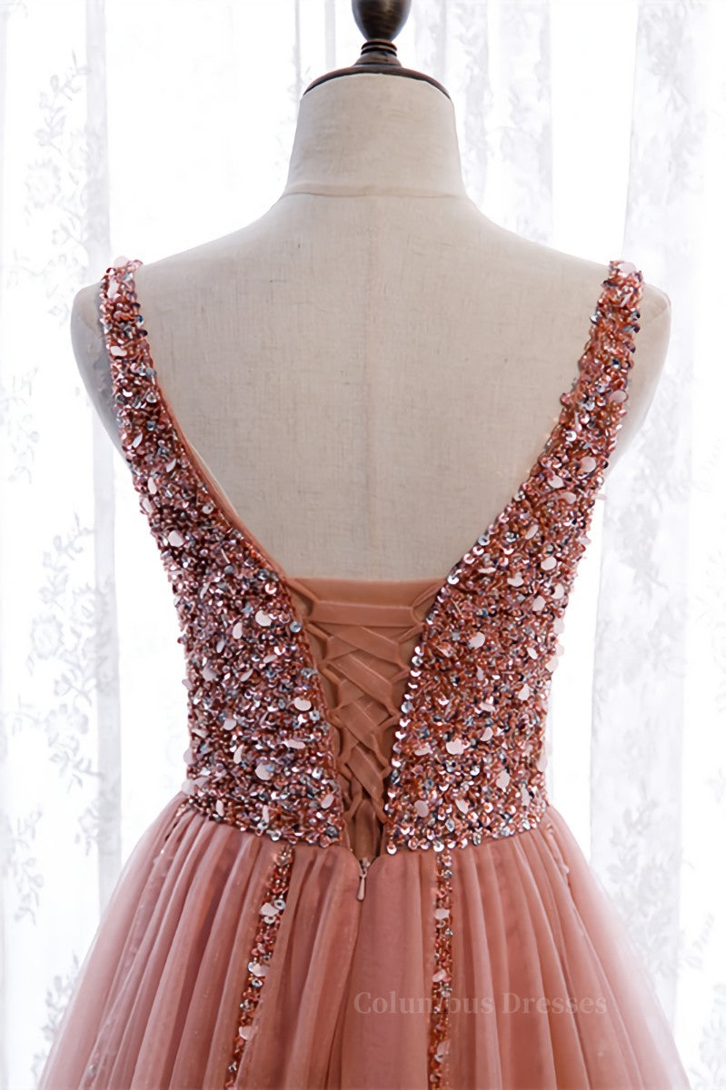 Prom Dresses Uk, Mai Tai A-line V Neck Sleeveless Sequins Tulle Maxi Formal Dress with Slit