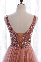 Prom Dresses Uk, Mai Tai A-line V Neck Sleeveless Sequins Tulle Maxi Formal Dress with Slit