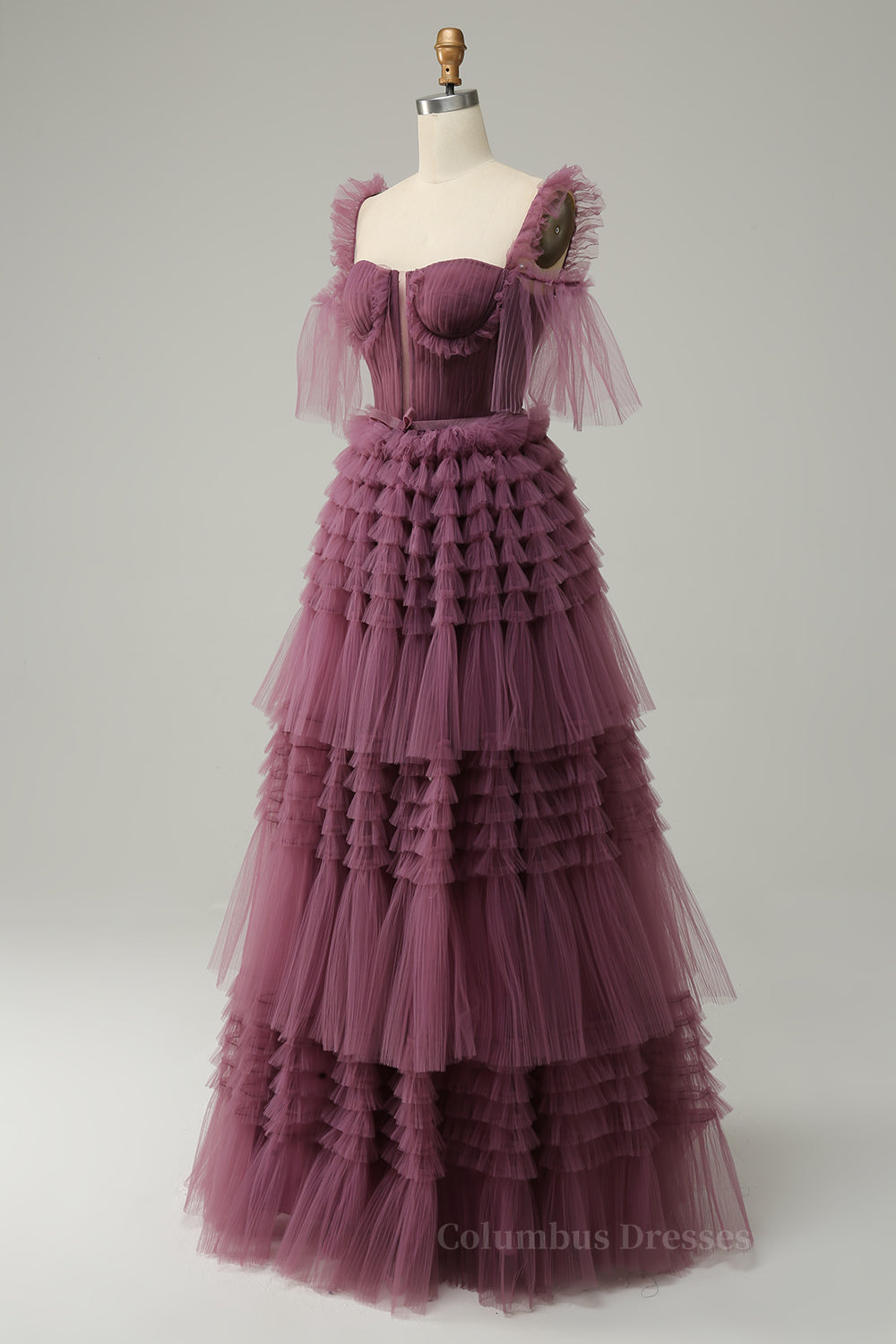 Mauve Off-the-Shoulder Lace-Up Tulle Multi-Layers Long Prom Dress Secondary image