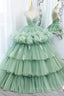 Bridesmaid Dress Sale, Mint Green Deep V Neck Pleated Straps Ruffle-Layers Maxi Formal Dress