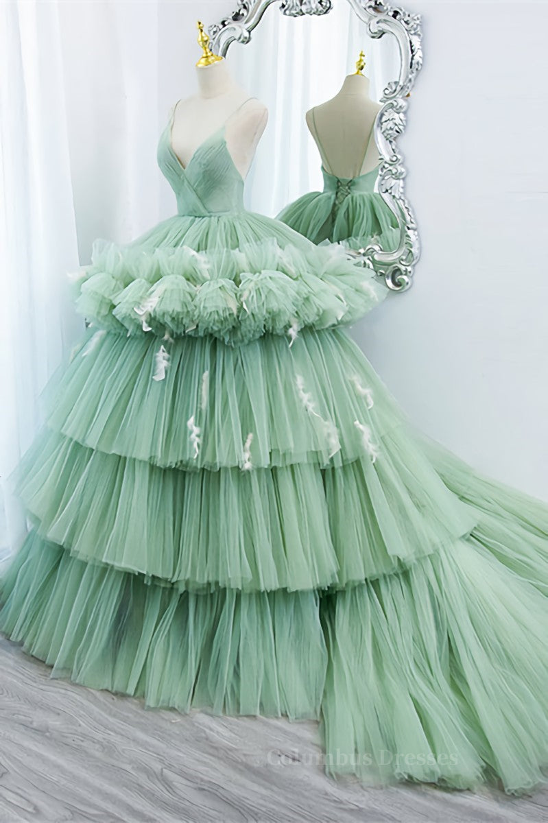 Mint Green Deep V Neck Pleated Straps Ruffle-Layers Maxi Formal Dress Secondary image
