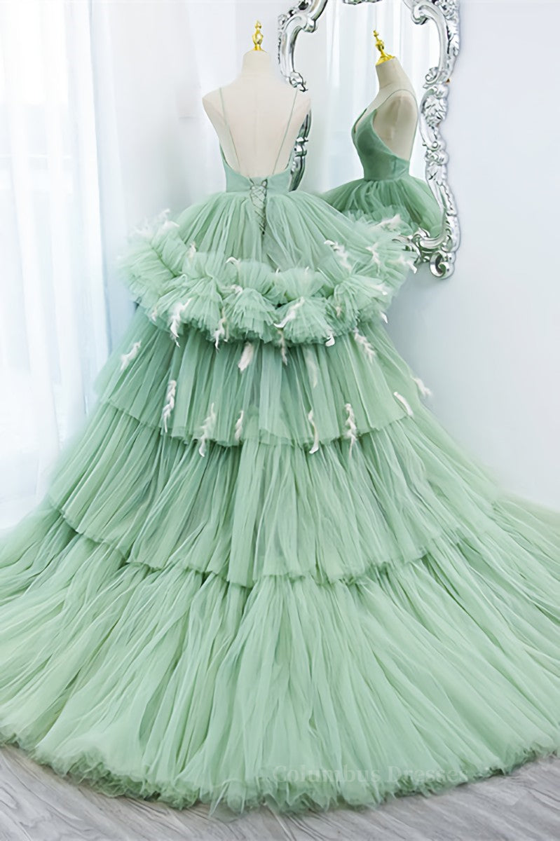 Bridesmaid Dresses Beach, Mint Green Deep V Neck Pleated Straps Ruffle-Layers Maxi Formal Dress Main image