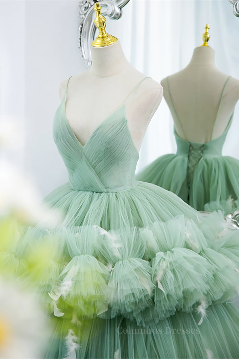 Bridesmaid Dresses By Color, Mint Green Deep V Neck Pleated Straps Ruffle-Layers Maxi Formal Dress