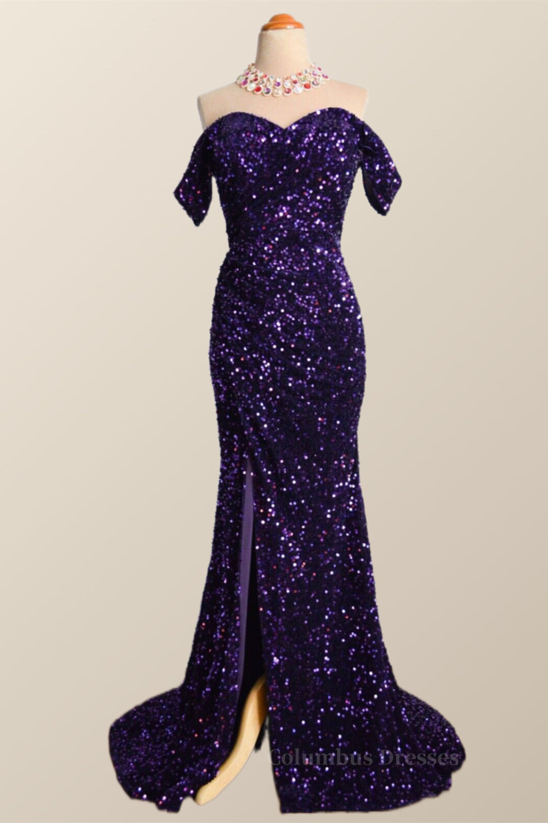 Bridesmaid Dress Champagne, Off the Shoulder Purple Velvet Sequin Mermaid Party Dress