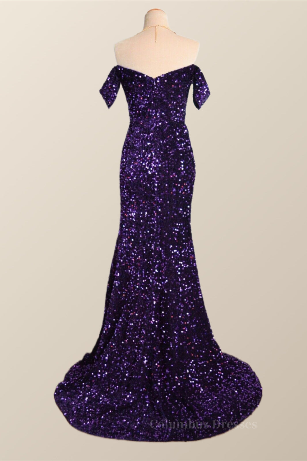 Bridesmaid Dress Dark, Off the Shoulder Purple Velvet Sequin Mermaid Party Dress Main image