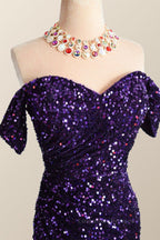 Bridesmaid Dress Neutral, Off the Shoulder Purple Velvet Sequin Mermaid Party Dress