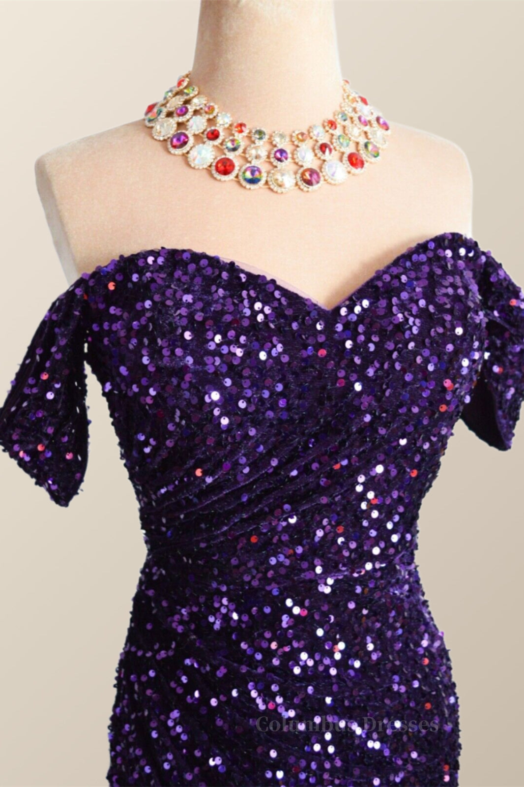 Bridesmaid Dress Neutral, Off the Shoulder Purple Velvet Sequin Mermaid Party Dress