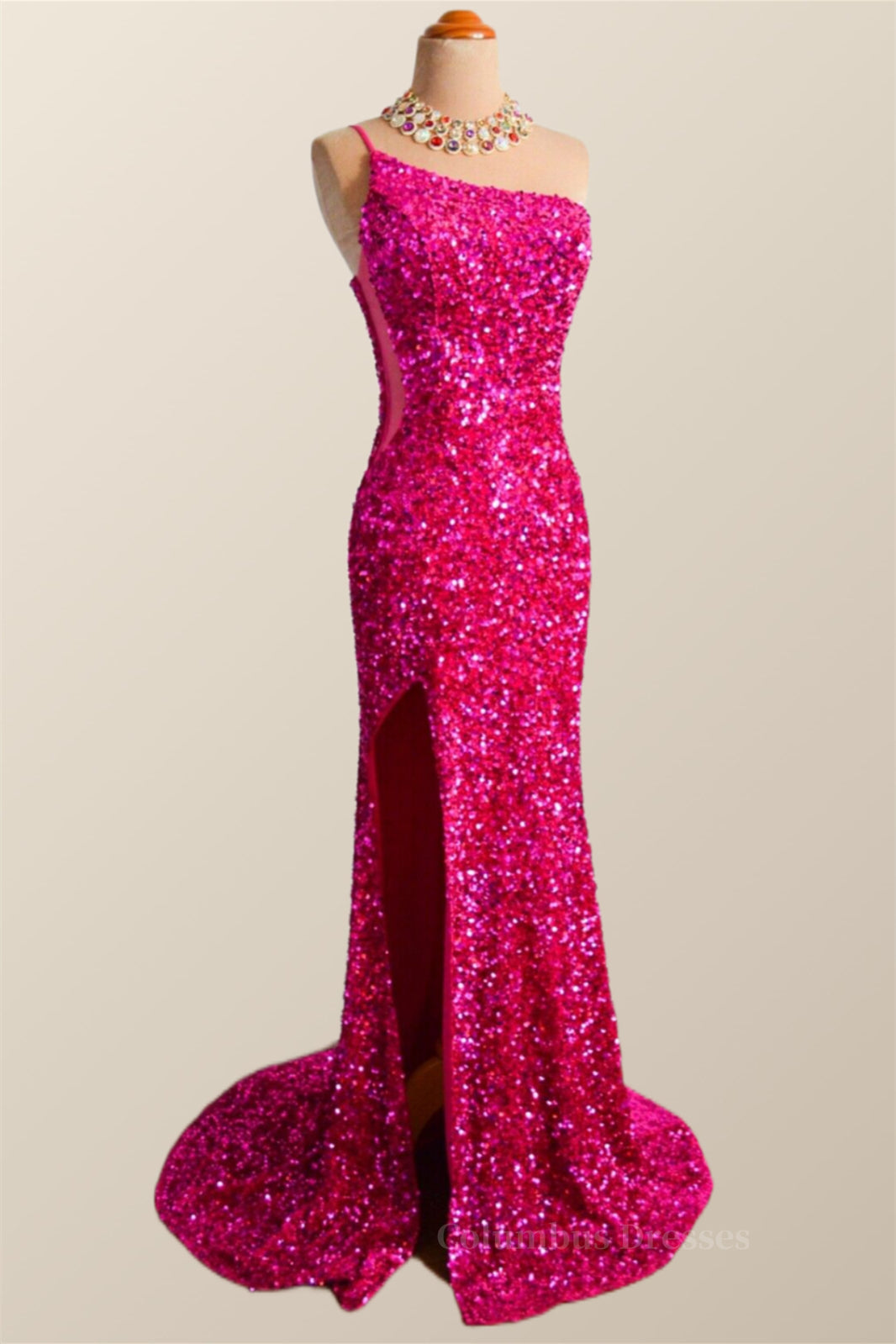 One Shoulder Fuchsia Sequin Mermaid Long Party Dress Secondary image