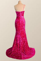 Bridesmaids Dress Styles Long, One Shoulder Fuchsia Sequin Mermaid Long Party Dress
