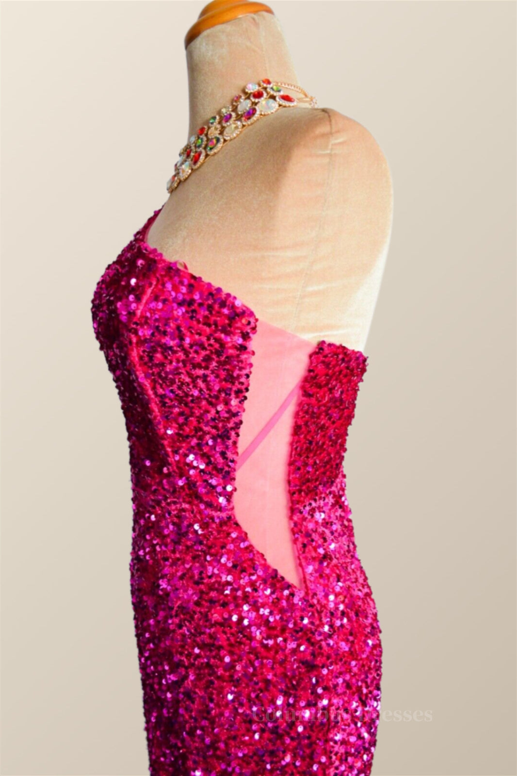 Bridesmaid Dress Style Long, One Shoulder Fuchsia Sequin Mermaid Long Party Dress